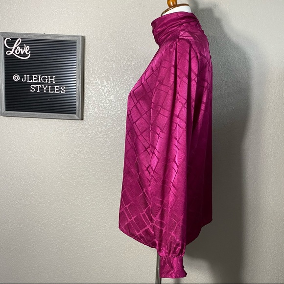 Vintage 80’s Raspberry Pleated Front High Neck Top Med - Picture 4 of 8